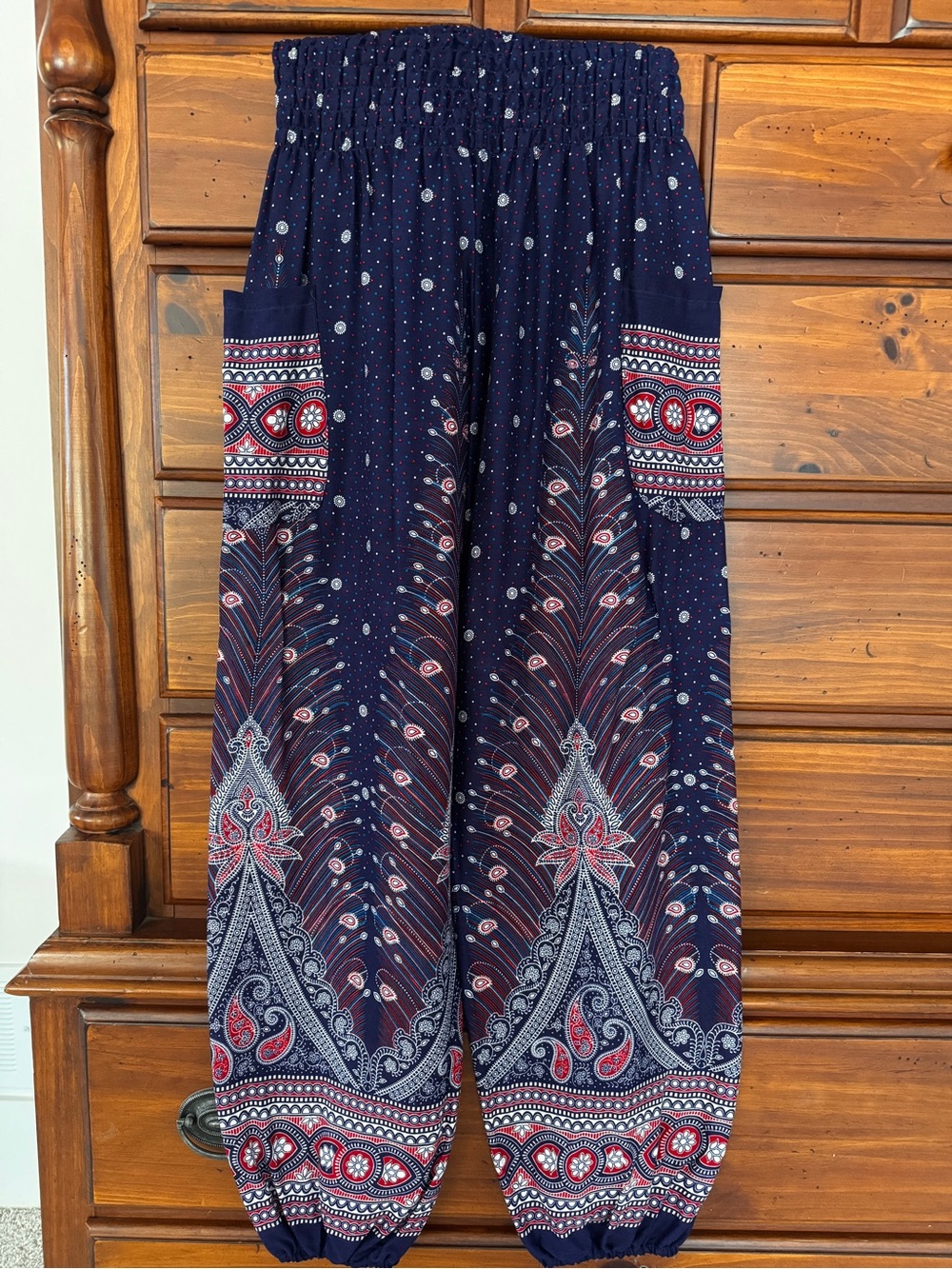 Boho Navy Printed Harem Pants with Pockets